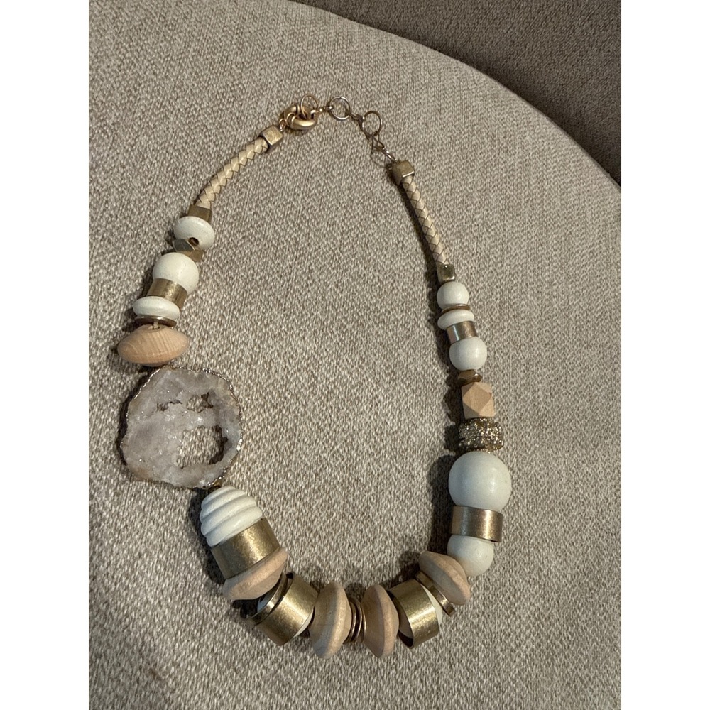 Vintage Necklace Cream Gold Geode Agate Wood Bead Statement Boho Earthy Art